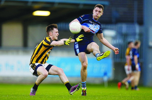 St Jude’s star Mark Sweeney, pictured in action against Aodhan Fee of Naomh Mearnóg in last year’s Championship, is hoping to help his club collect a first Dublin Senior Football Championship title against Kilmacud Crokes at Parnell Park this evening 