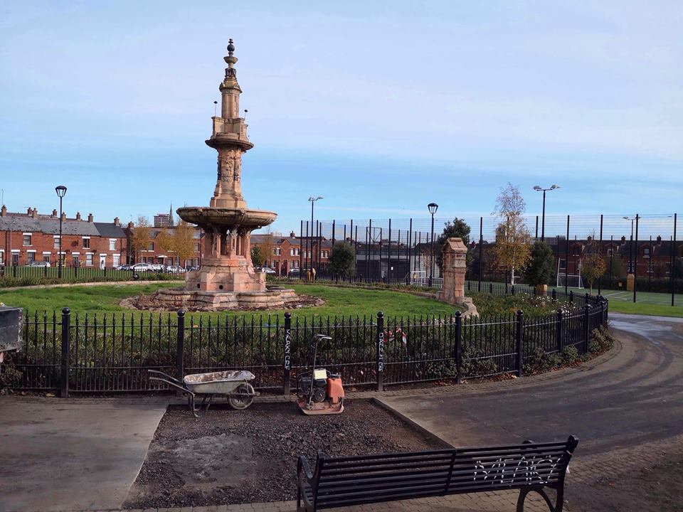  DAMAGE: Dunville park has been closed while Council workmen repair the area around the fountain