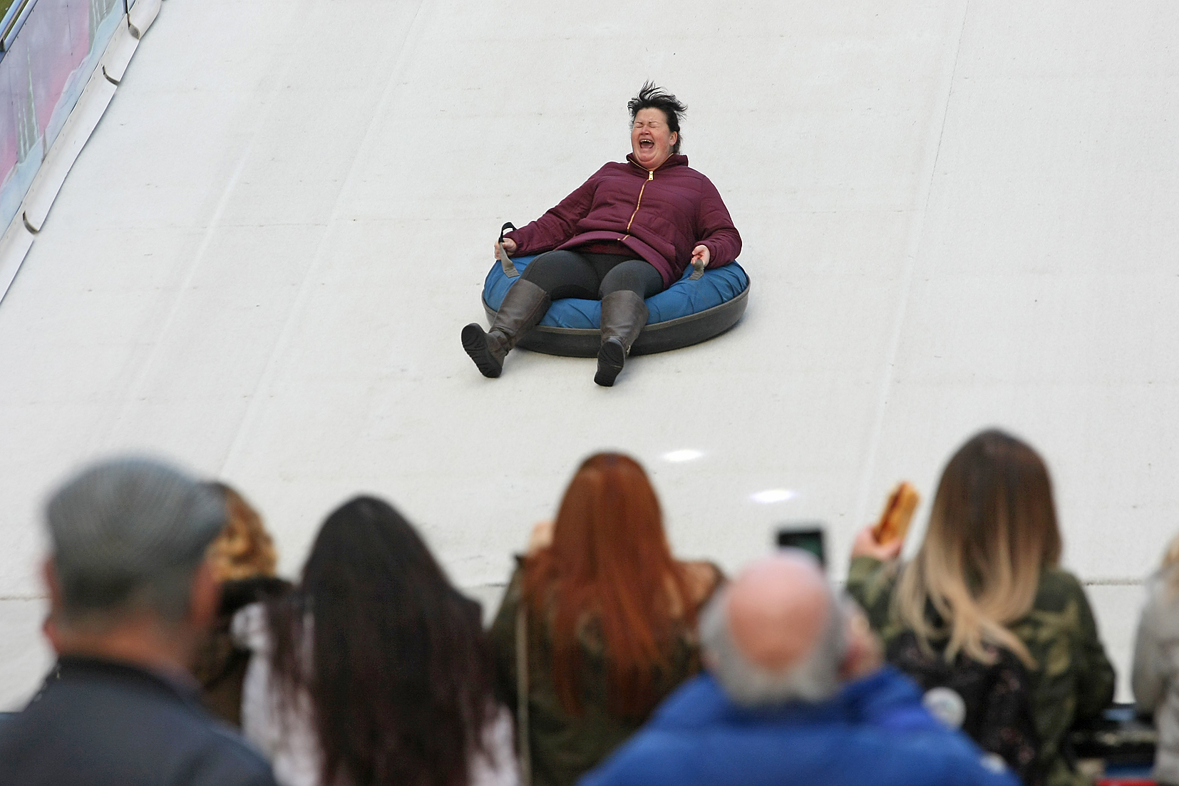 Marie-Claire Gok embraces the Snow Slide at Donegall Place.