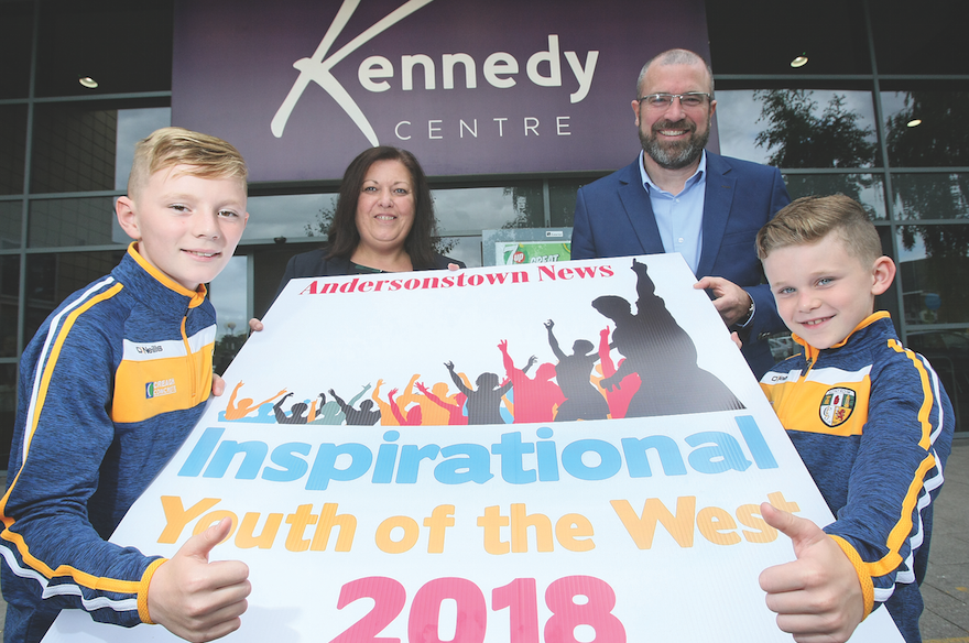 Martin and Tom McIlwaine with Jacqueline O\'Donnell of the Belfast Media Group and John Jones, manager of the Kennedy Centre lauching Inspirational Youth of the West 2018.