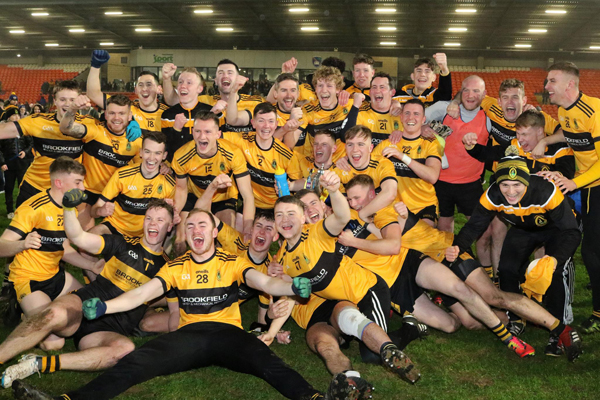 Naomh Éanna celebrate after defeating Mullahoran in the Ulster Club IFC final in the Athletic Grounds on Saturday night 