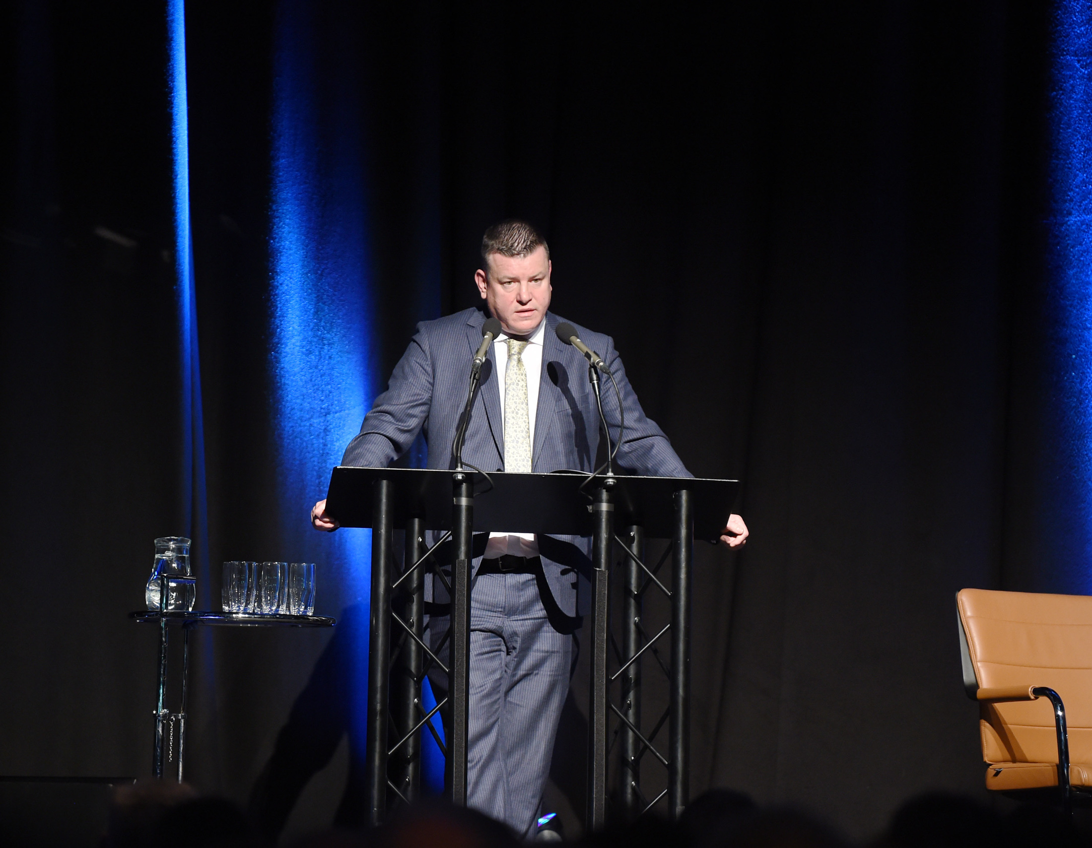 Solicitor Niall Murphy speaking to the 2,000 strong audience at the Waterfront Hall