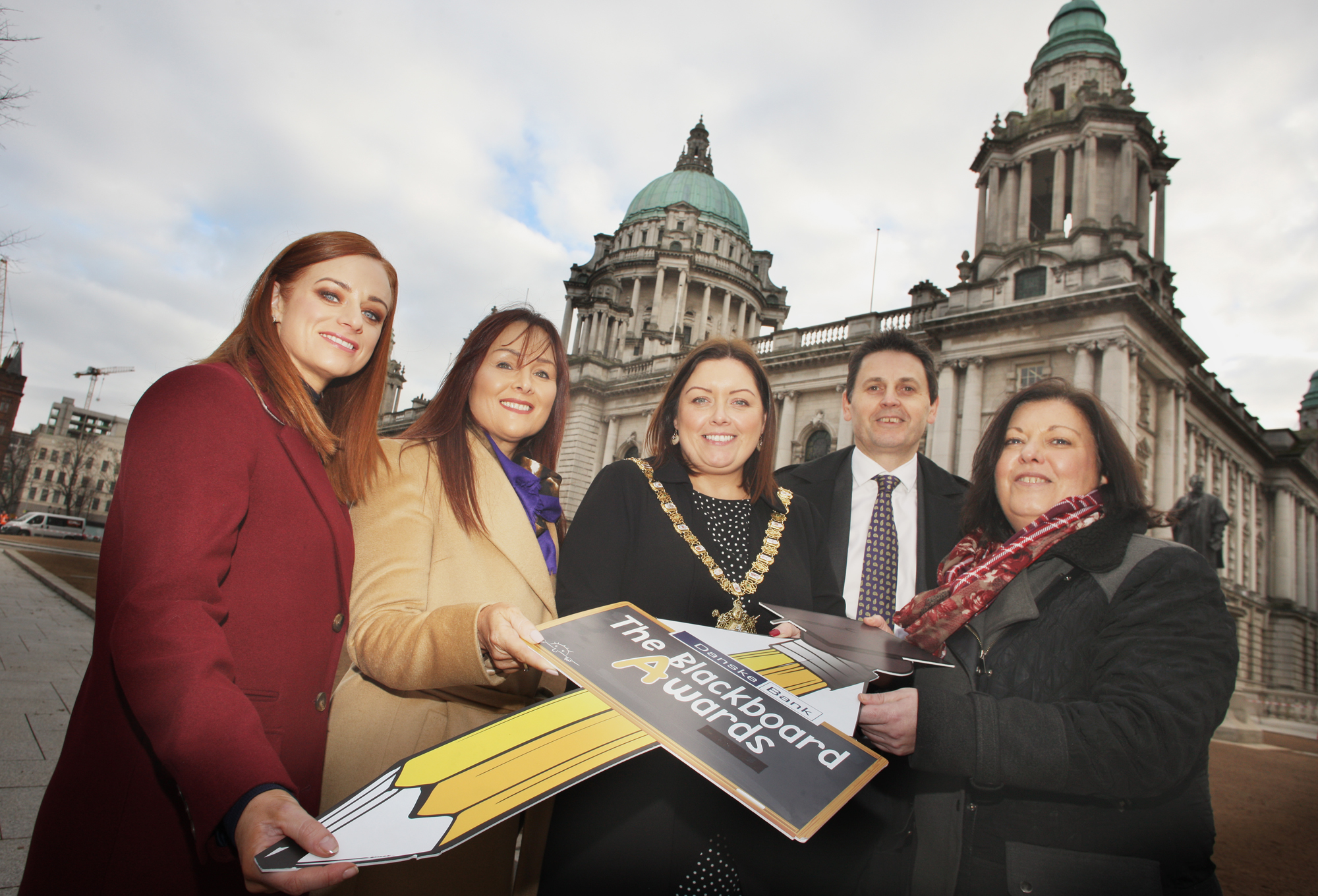 Martina Madden (O\'Neill\'s), Aisling Press (Danske Bank), Lord Mayor Deirdre Hargey, Scott Howes (W5) and Jacqueline O\'Donnell (Belfast Media Group)