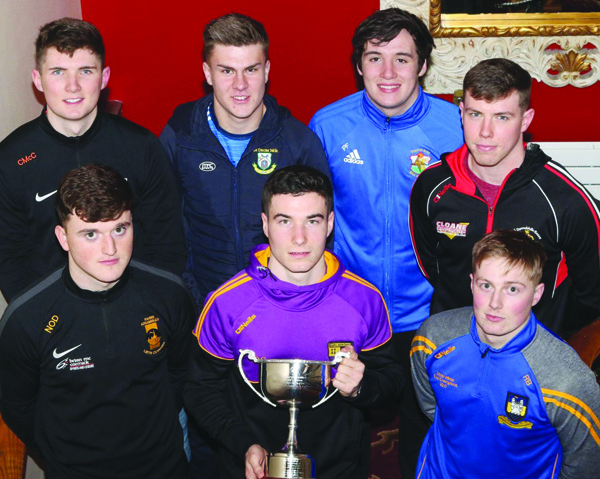 Patrick Finnegan of St Brigid’s (back row, third from left) and Carryduff’s Daniel Guinness (front row, centre) represented their clubs at the launch of the Creggan U21 Football Tournament