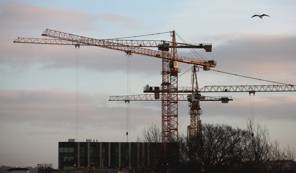 Cranes catching the last rays of the day on the construction site of Ulster University, York Road 