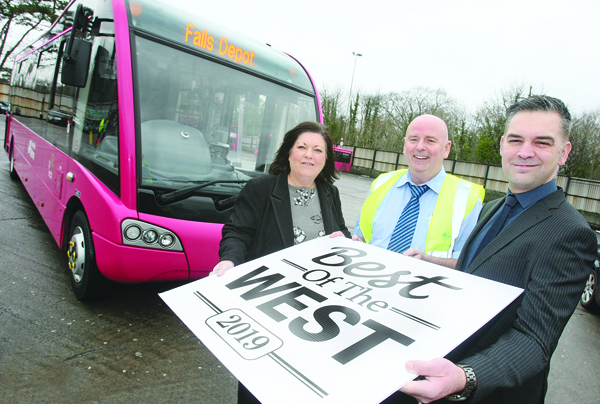 LAUNCH: Jacqueline O\'Donnell of the Andersonstown News with Joe O\'Reilly of the Translink Bus Depot Falls Road and Translink Service Delivery Manager Sean McGreevy