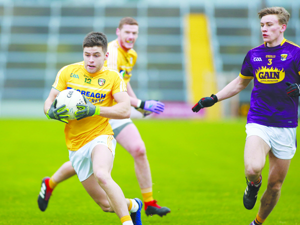 Paddy McBride, pictured in action against Wexford last Sunday, knows Antrim must defeat Leitrim this weekend if they are to have any chance of gaining promotion from Division Four