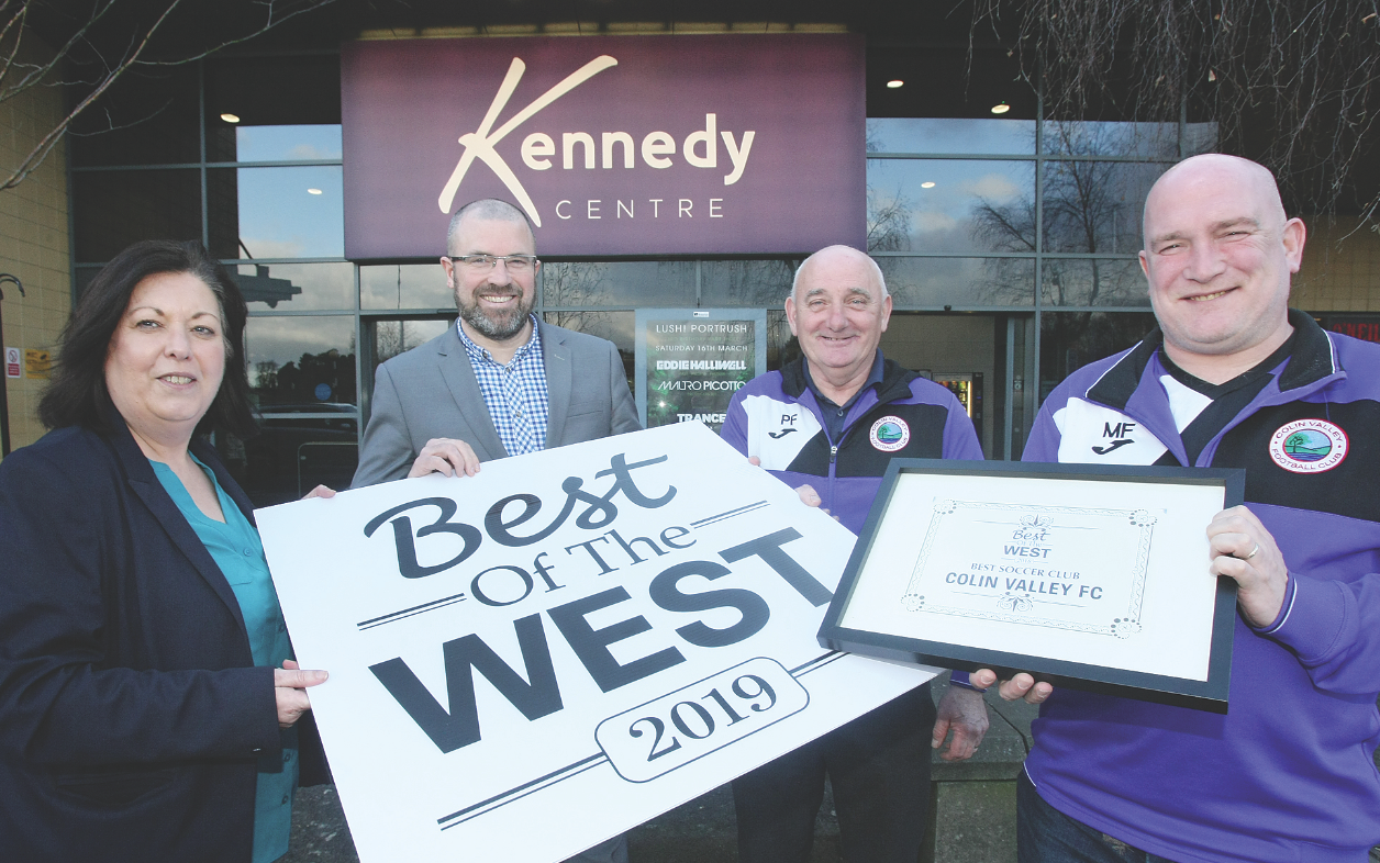 ON YOUR MARKS: Kennedy Centre manager John Jones with Jacqueline O\'Donnell of the Andersonstown News and Mark Foster and Paddy Fay of Colin Valley FC, current Best Soccer Club