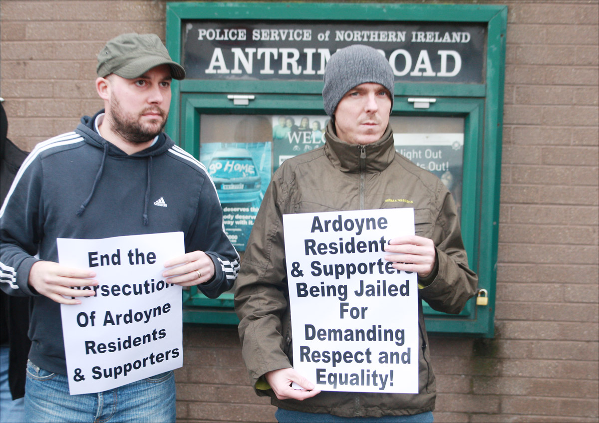 Dee Fennell (left) outside Antrim Road police station with Alan Lundy, who’s charged with aggravated burglary