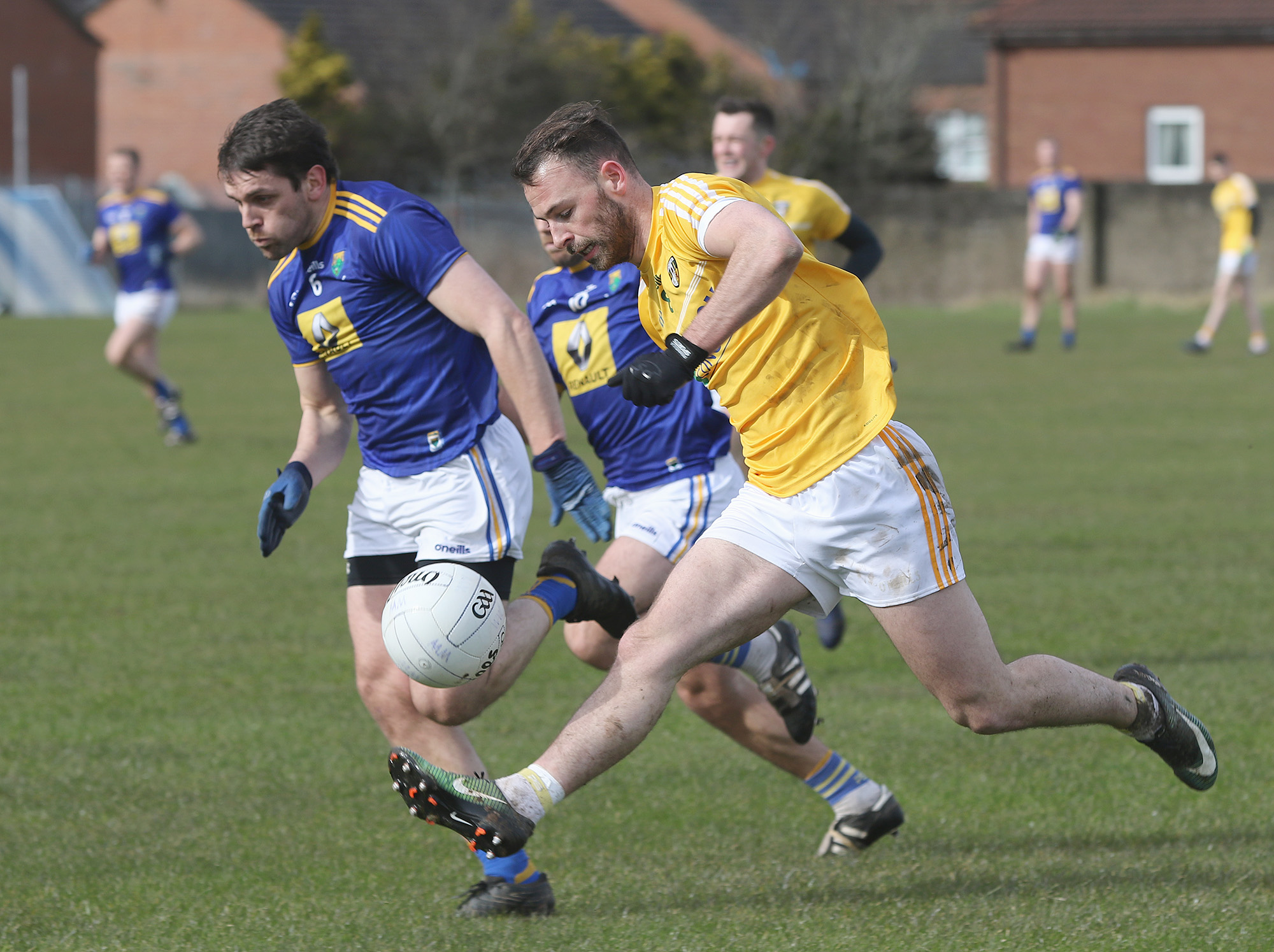 Antrim’s Matthew Fitzpatrick, who scored 2-3 for his side, solos clear of Wicklow’s Shane Mooney during Saturday’s 11-point win for the Saffrons at Corrigan Park 