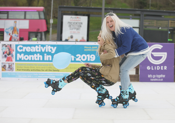 Family fun, Anne Marie and Natasha O\'Hare at the Roller Skate Rink in New Colin Town Square as part of Creativity month