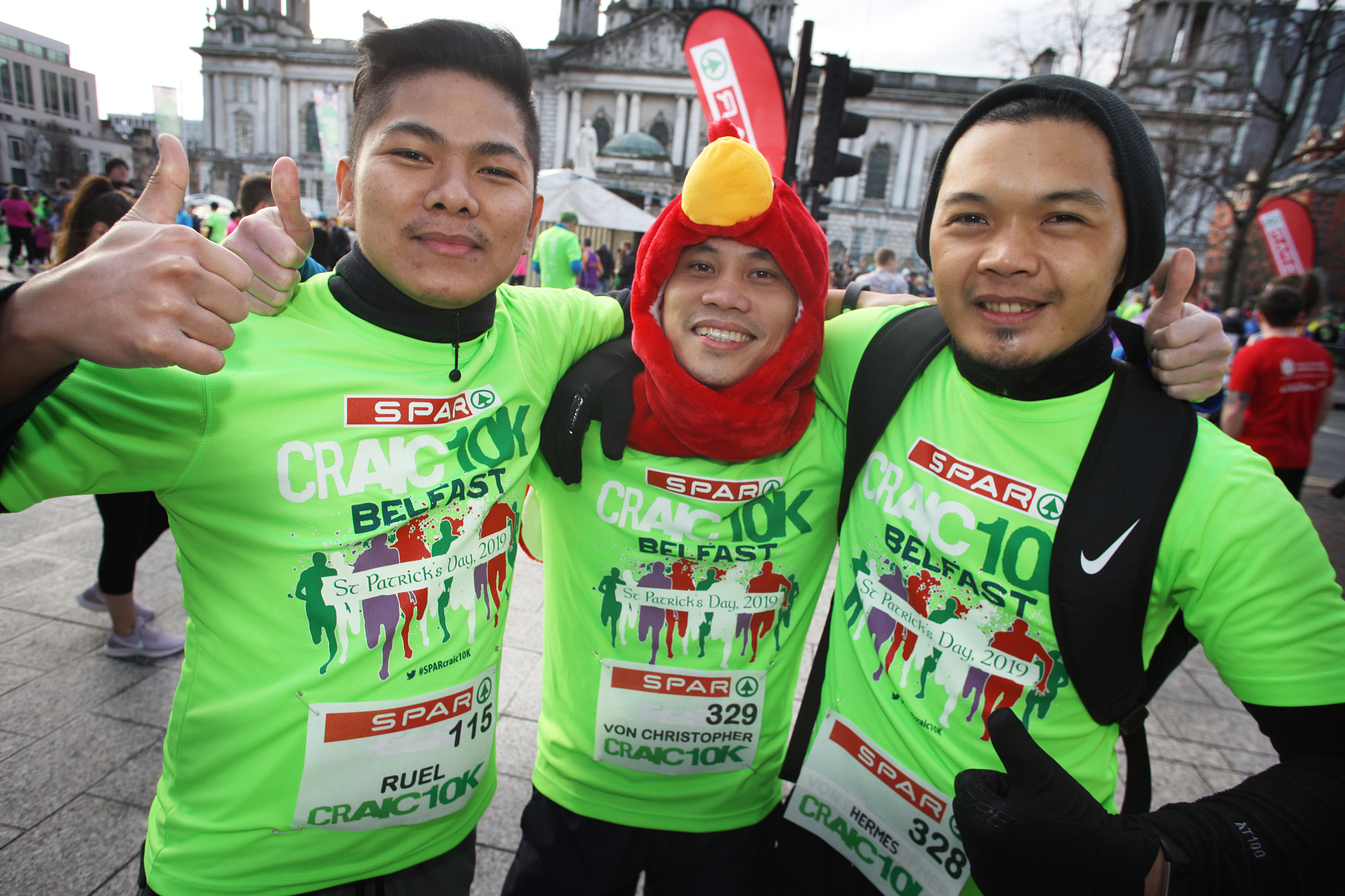 Ruel, Bords and Von warm up for the Spar Craic 10K in Belfast City Centre on St Patrick\'s Day morning