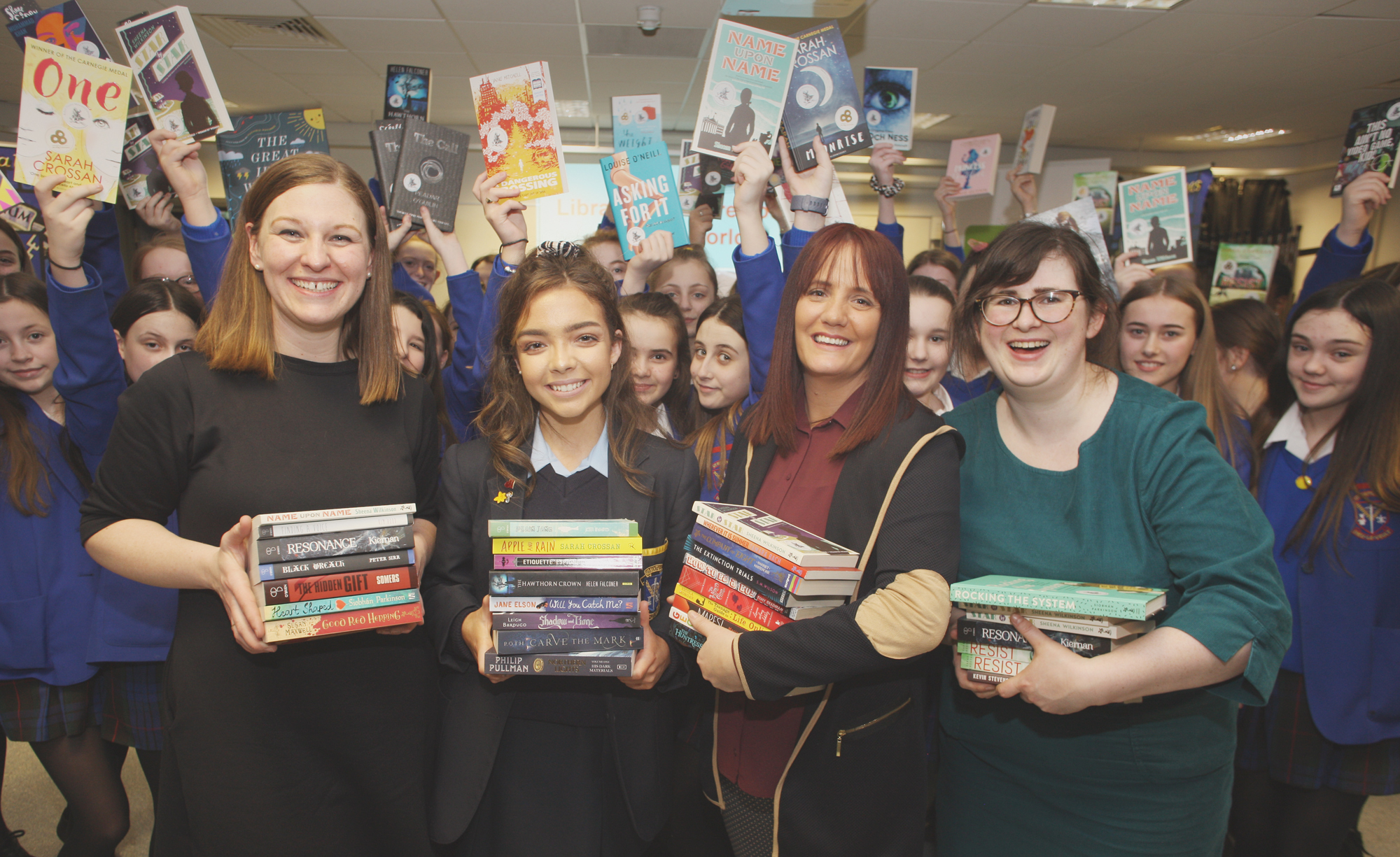 Children’s Books Ireland is proud to announce that St Genevieve\'s High School has been chosen to receive a library of literature worth almost €8,000. Welcoming the books are Daiden O\'Regan, Andrea Mervyn, Head Girl Ana Rosbotham, Elaina Ryan and St Gen\'s pupils