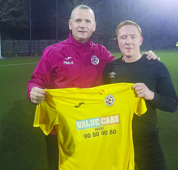 Sport and Leisure Swifts midfielder Stephen McAlorum, pictured with manager Packie McAllister, will return from suspension for Saturday’s crucial game against Armagh City at Holm Park