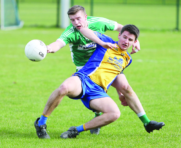 St Brigid\'s clash with Aghagallon in the Antrim Football League Division One match at Musgrave yesterday. St Brigid’s won by 1-13 0-15