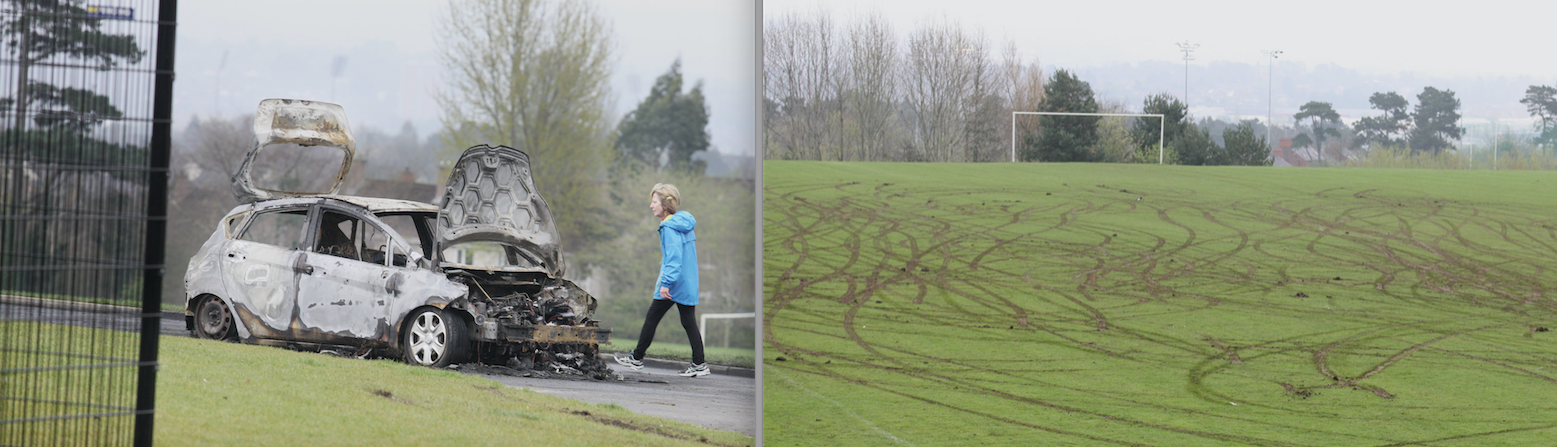 The burnt out car and the devastation caused to the pitch in the Falls Park  
