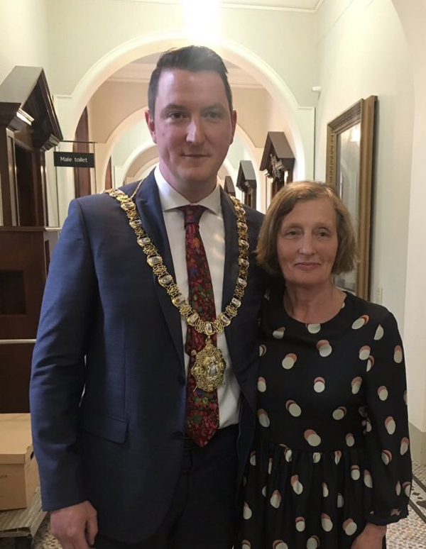 John Finucane with his mother Geraldine in Belfast City Hall on Tuesday night