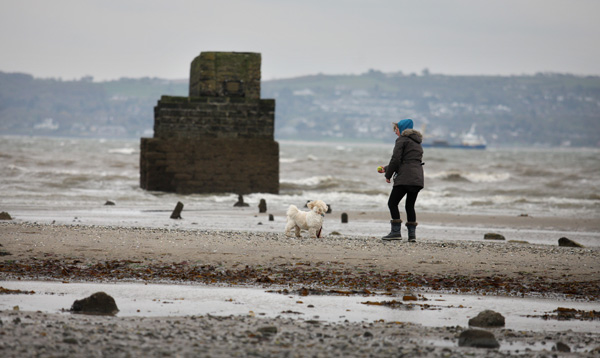 BRACING: Walking the dog on the Loughshore on a cold day in May, while looking forward to the next week’s reported heat wave 