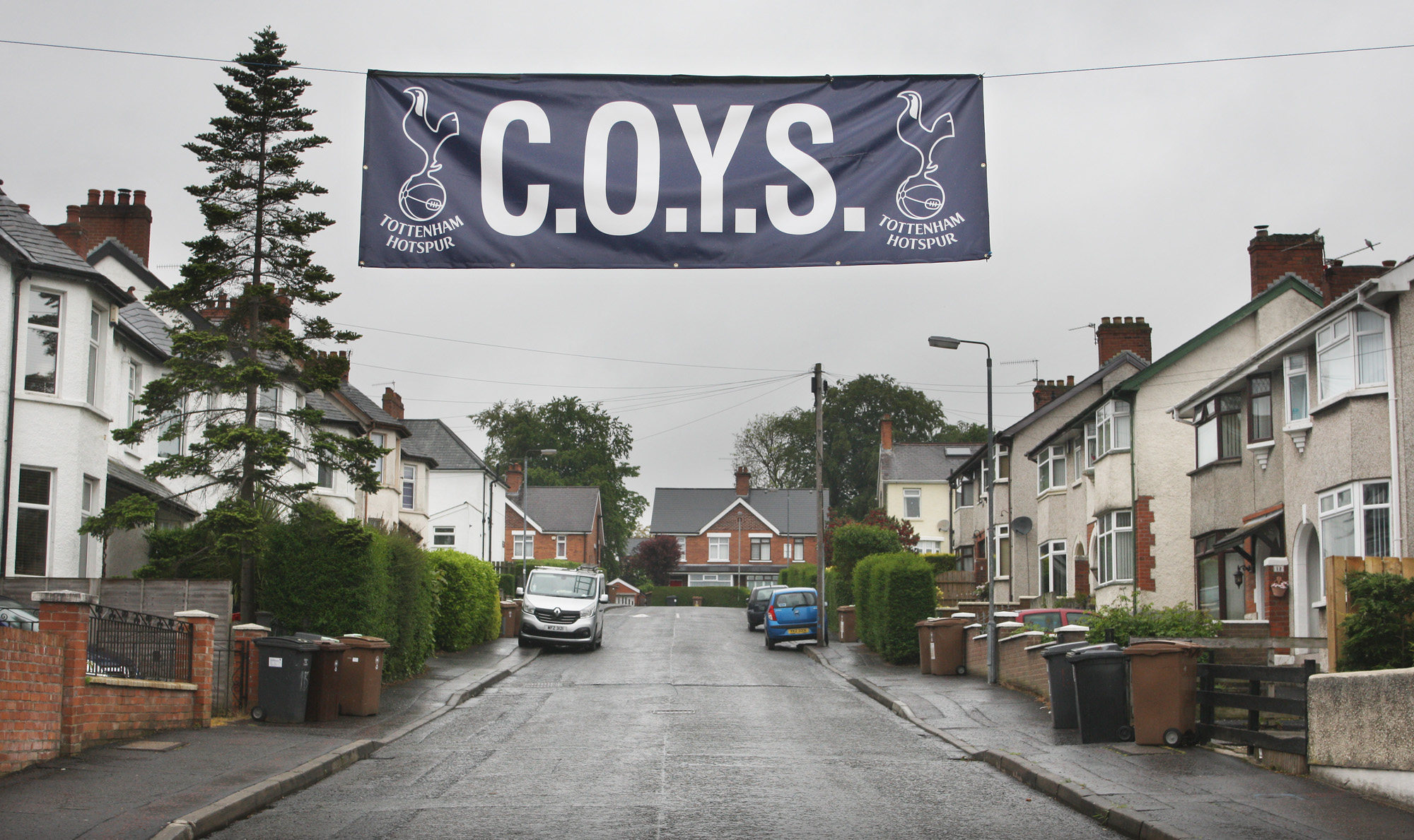 Spurs fans hang out their colours in Lowwood Avenue, North Belfast, ahead of Saturday evening\'s highly anticipated Champions League final between Tottenham and Liverpool