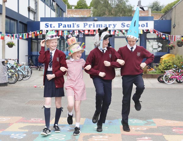 \nHATS OFF: Casey Forsythe,\nMia Magill, James Quigley and Jack Hughes from St Paul\'s Primary School wore a funny hat to school to raise money for Bernardo\'s Young Carers Campaign