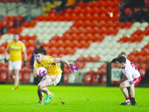 Antrim’s Ryan Murray gets away from Tyrone defender Brendan Burns during the Dr McKenna Cup clash between the sides at the Athletic Grounds in January of last year. The sides return to Armagh for Saturday evening’s Ulster Senior Football Championship quarter-final
