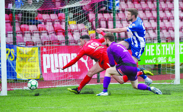 Joe Gormley scores Cliftonville’s vital first goal on Tuesday