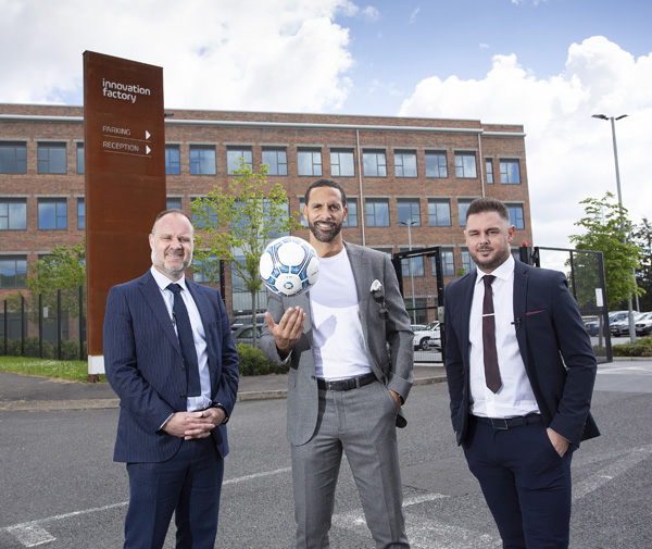 PERFECT PITCH: Shane Smith (Innovation Factory Community Engagement Officer), Rio Ferdinand (New Era ambassador) and Lee Mudd (former professional footballer who is heading up the new Belfast office)