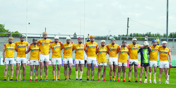 Antrim senior hurlers, pictured before last week’s win against Offaly, can all but seal their place in the Joe McDonagh Cup final with a win over the Lake County at Dunloy on Saturday