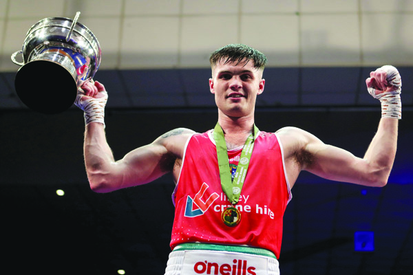 James McGivern celebrates following his win in the Irish Elites at the National Stadium in February and the South Belfast boxer is hoping to move a step closer to Olympic qualification when he competes at the European Games at Minsk