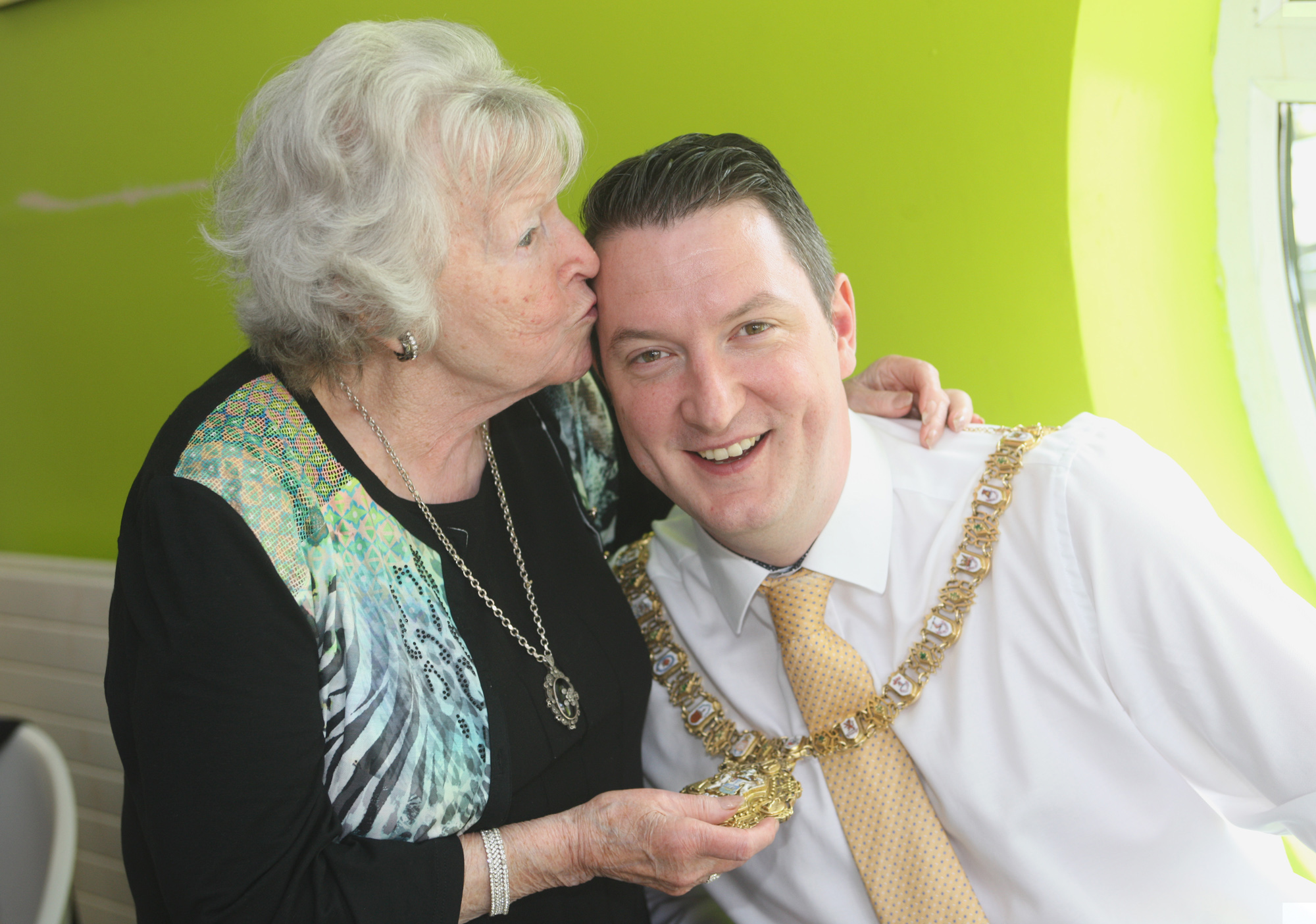 Geraldine Brannigan with Lord Mayor john Finucane at the Tullymore Community Centre. The Lord Mayor was visiting as part of a celebration of older people\'s programmes
