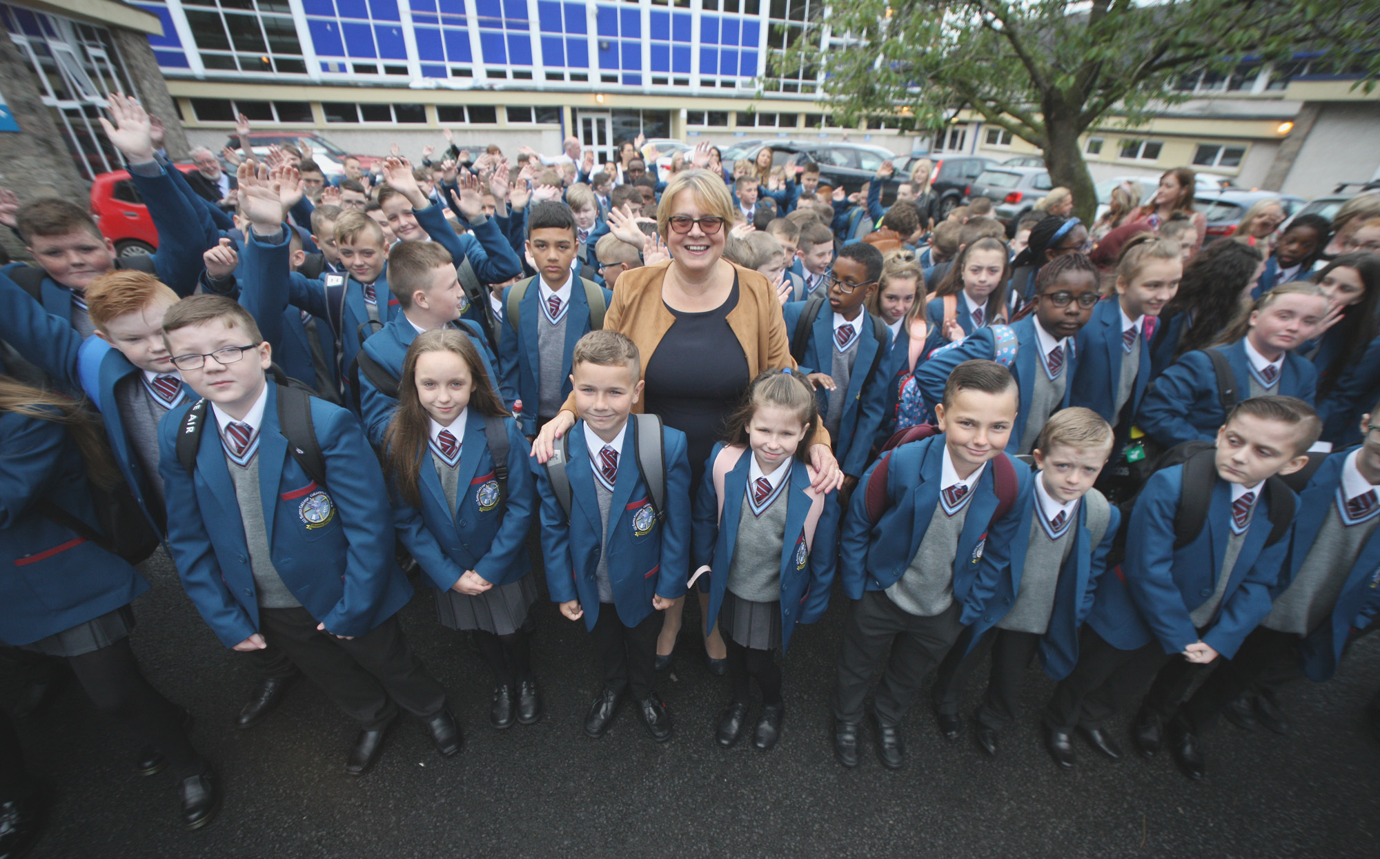 Bronagh Farrimond, Principal of All Saints College on the Glen Road, with the Year Eights at the new school