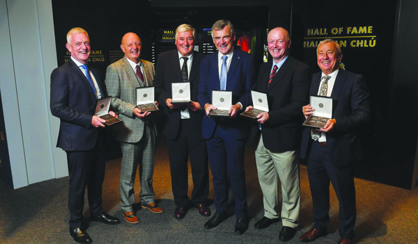 Terence ‘Sambo’ McNaughton (second from left) with fellow GAA Hall of Fame inductees (L-R) Nicky English and Conor Hayes, and former footballers Colm O\'Rourke, Larry Tompkins and Denis ‘Ogie’ Moran at Croke Park last week. The Naomh Éanna senior hurling manager has stressed the importance of Antrim getting its GaelFast project right to ensure the growth of hurling in the county if it wants to get back challenging at the top