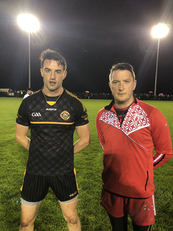 HEAD TO HEAD: Portglenone captain Niall McKeever with Lámh Dhearg captain John Finucane, right, ahead of Monday night\'s second replay at Ballymena
