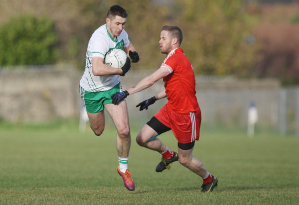 Action from the Ulster Intermediate Championship quarter-final clash between Aldergrove and St Naul’s at Corrigan Park yesterday. The Donegal outfit emerged triumphant, with a goal separating the teams at the final whistle