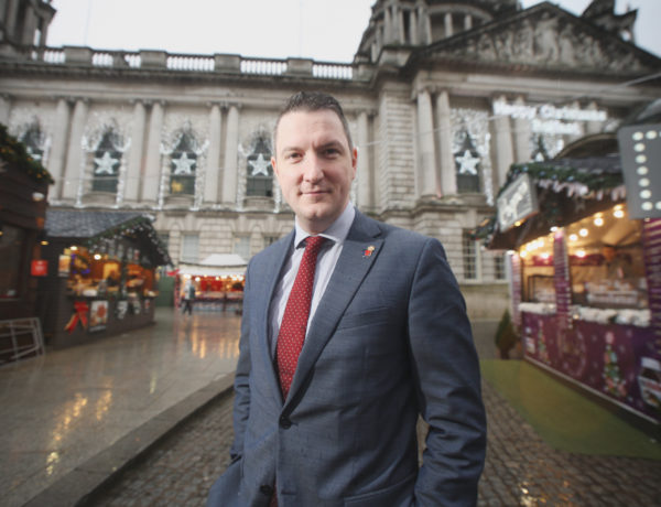 North Belfast Sinn Féin candidate John Finucane outside Belfast City Hall