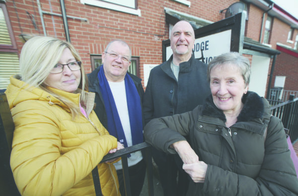 Eileen Rice and Theresa Sheppard with Liam Wiggins and Gerry O\'Reilly at the New Lodge Housing Office