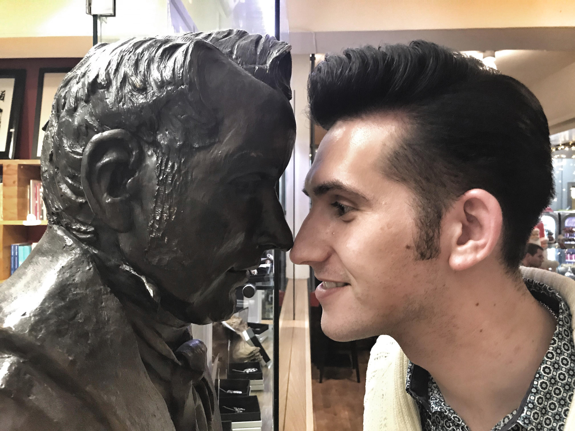 Louis McDonald was back in West Belfast from his new home in New Zealand this week and took the chance to exchange a traditional Maori \'hongi\' greeting with the Gaelic revivalist Robert McAdam on a visit to An Chultúrlann