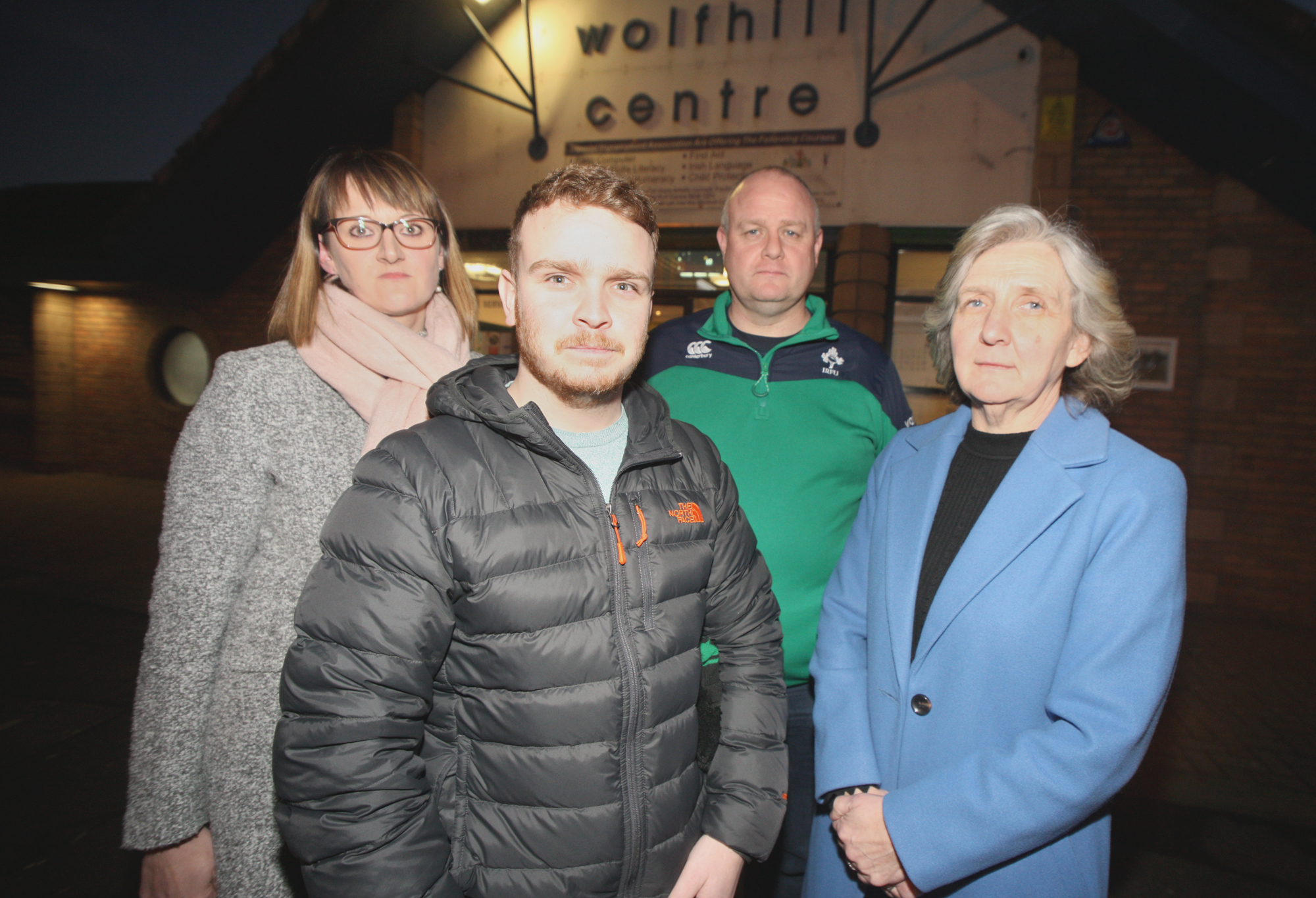 ANGER: Thornberry residents Magdalena Bisewska and Ciaran McCrea with Sinn Féin councillor Ryan Murphy and Maria Morgan from the Wolfhill Centre in Ligoniel