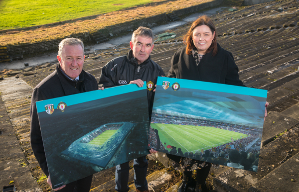 Minister of Finance, Conor Murphy, with Tom Daly, Chairman Casement Project and Minister for Communities, Deirdre Hargey, at Casement Park