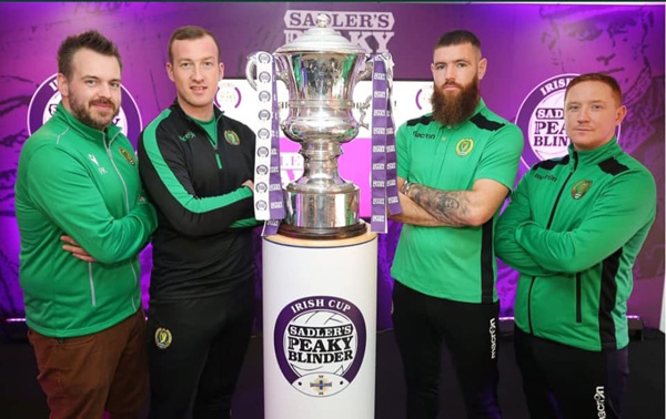 \n\nBelfast Celtic manager Stephen McAlorum, picured above (far right) at the fifth round draw, knows his side face a huge challenge this Saturday as they take on Irish Premiership side Larne at Inver Park for a place in the sixth round\n
