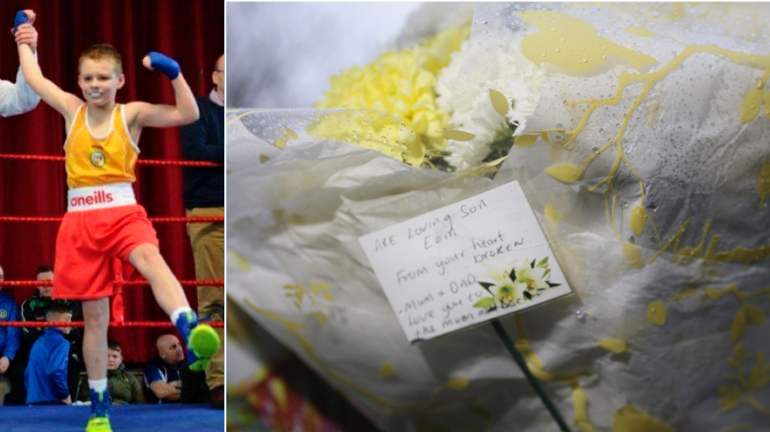 Glenn ABC boxer Eoin Hamill, floral tributes left at the scene on the Springfield Road
