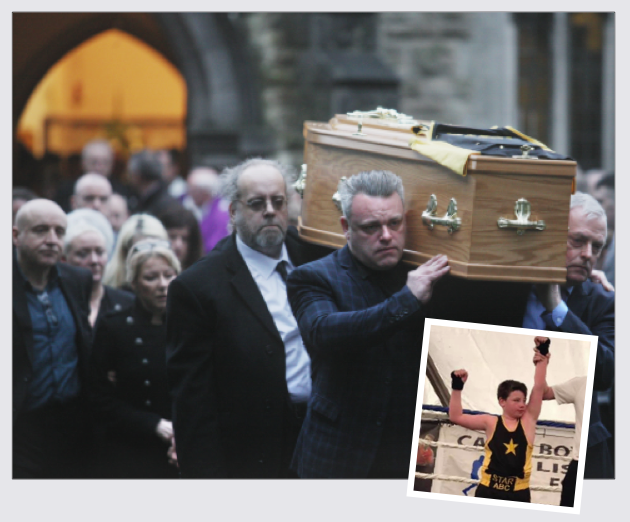 Cillian is laid to rest and, inset, the talented young boxer celebrating a win