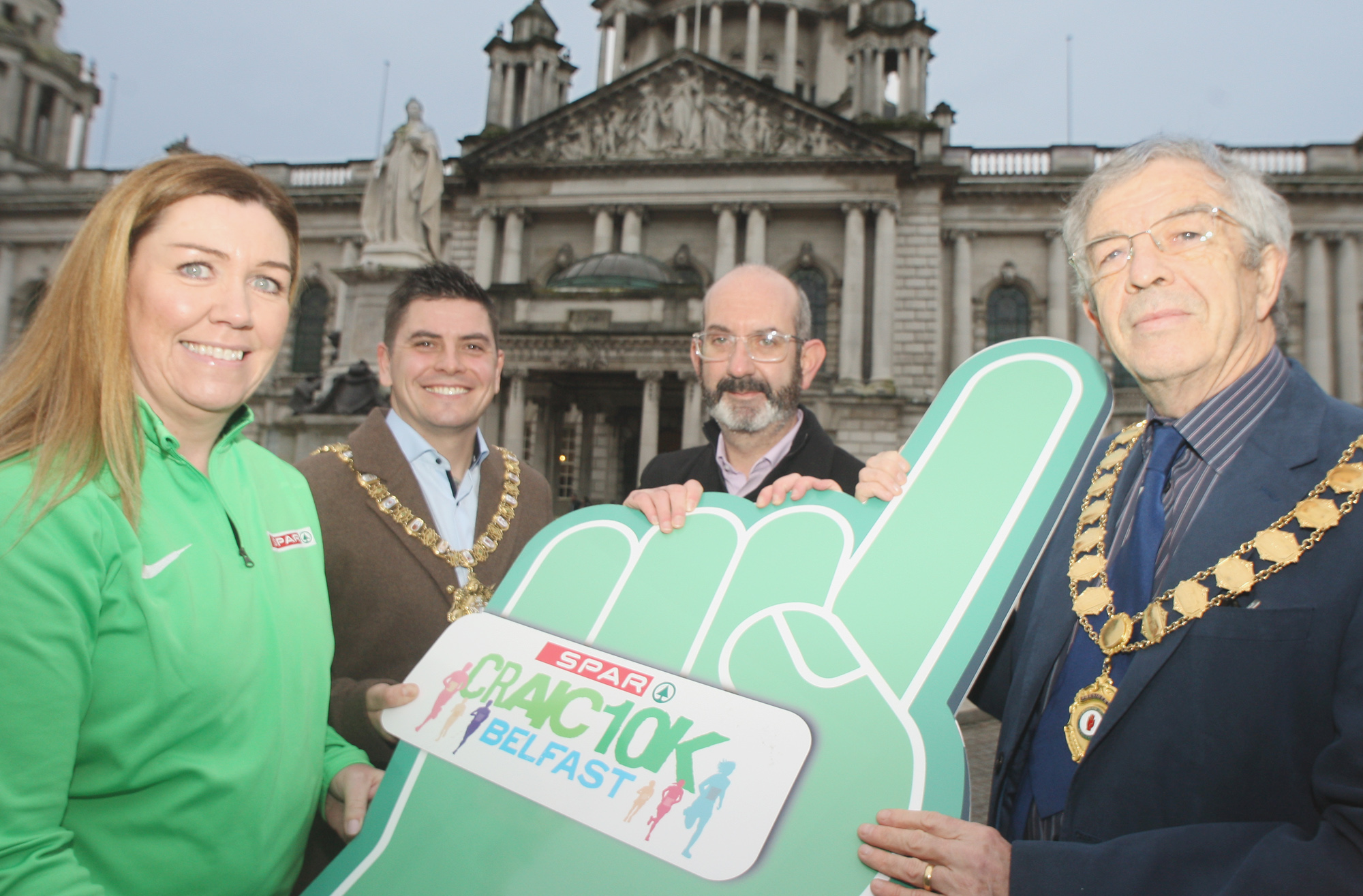 ON YOUR MARKS: Bronagh Luke from SPAR; Ian Taylor, President, Athletics NI; Conor O’Kane from Marie Curie; and Lord Mayor Daniel Baker\n