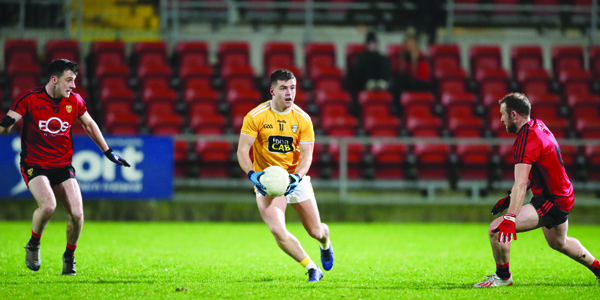 Paddy McBride, pictured in action against Down in the Dr McKenna Cup earlier this month, feels Antrim are well-placed to challenge for promotion from Division Four ahead of Sunday’s opening game against Wexford in Glenavy