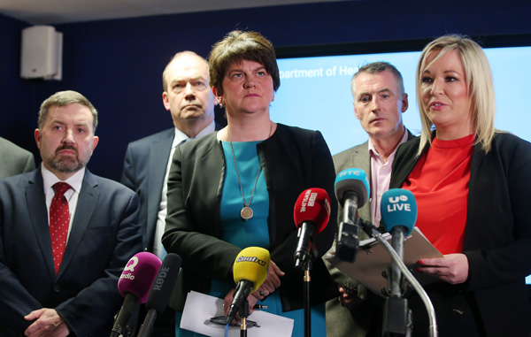 DECISIONS: Health Minister Robin Swann, First Minister Arlene Foster, Deputy First Minister Michelle O’Neill, Chief Medical Officer Dr Michael McBride and Jnr Minister Declan Kearney