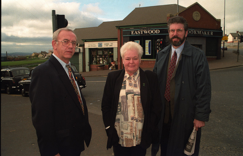 AS YOU WERE: Pictured in 1997 welcoming new traffic lights at the top of the Rock were Jim Neeson, the late Sinn Féin councillor Marie Moore and Gerry Adams 