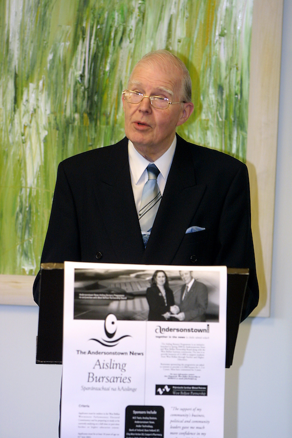 OPPORTUNITY: The late Sir George Quigley launching the Aisling Bursaries in the offices of the Belfast Media Group back in April 2002.