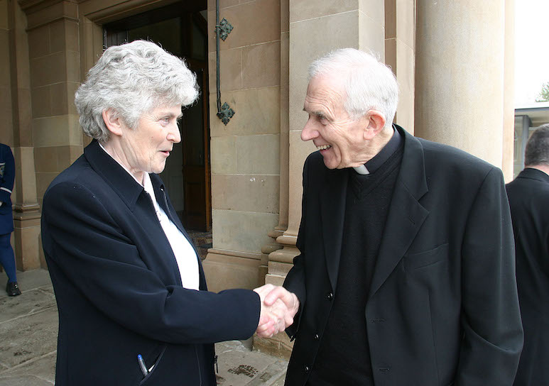 FLASHBACK: The principal of Rathmore Sr Ursula Canavan welcomes Bishop Patrick Walsh to the school for the rededication of the convent chapel at the grammar school. 