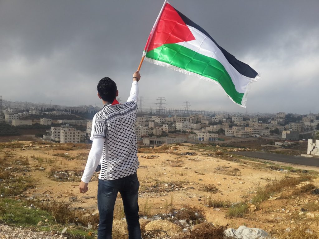 SECURITY COUNCIL HOPES: A young man waves the Palestinian flag as he looks across the border to Jordan. Pic by Ahmed Abu Hameeda, unsplash.com